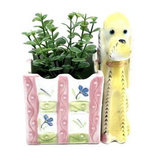 VTG 60s MCM Yellow Dog Figurine Planter Bowl Dish Pink Kitschy Anamorphic Decor